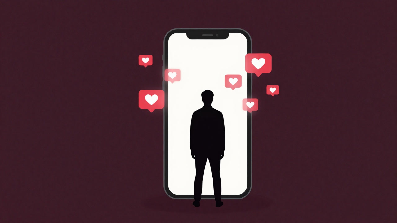 Silhouette of a person in front of a smartphone screen surrounded by hearts and notification icons