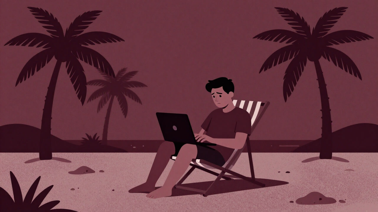 A digital nomad sitting on a beach chair with a laptop, wearing a frustrated expression despite the scenic backdrop