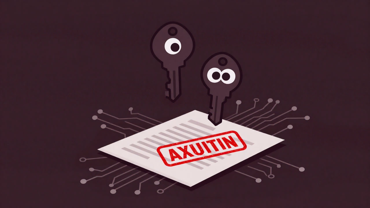 Illustration of a key pair icon with uncertain eyes, stamped over a document background with electronic circuit patterns