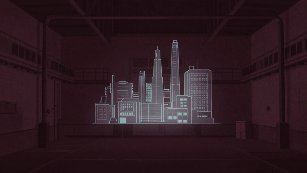 A translucent virtual factory silhouette projected onto an illuminated factory wall