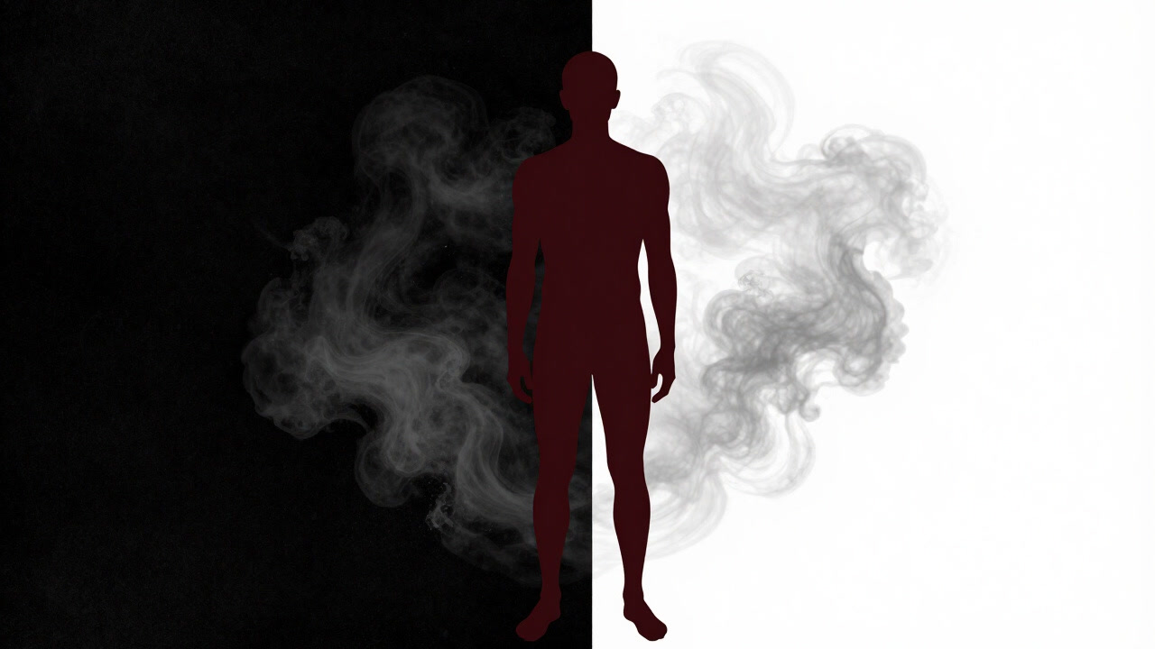 Silhouette of a person standing bewildered before a background split in black and white