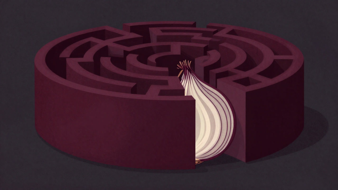 次元がスライスされた玉ねぎのように、データの迷宮が層を剥かれるシュールなイラスト