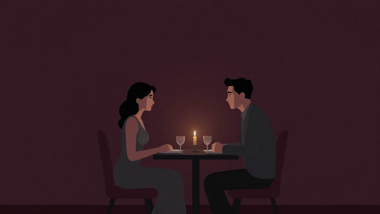 A nervously glancing couple staring at their table under candlelight