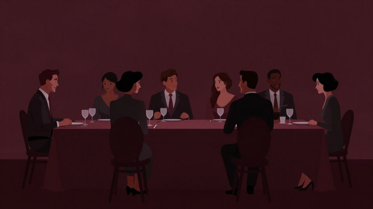 長テーブルを囲み、笑顔と緊張が入り混じるディナーパーティーの様子をとらえたイラスト