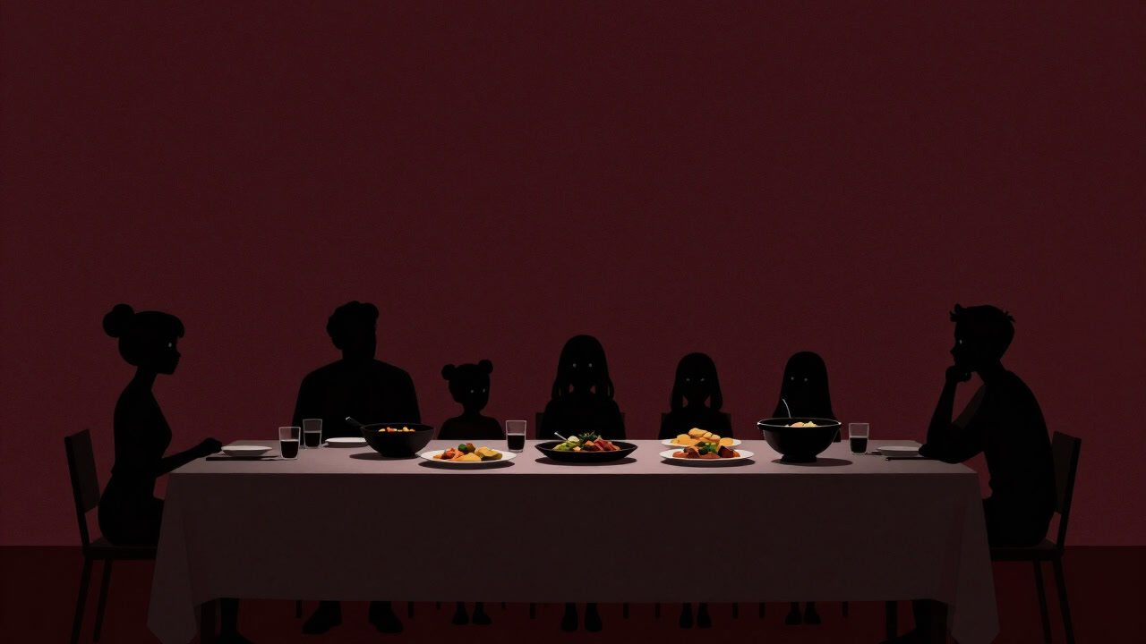 Silhouette of a family staring at a parade of dishes on a long table, their expressions torn between expectation and indecision.
