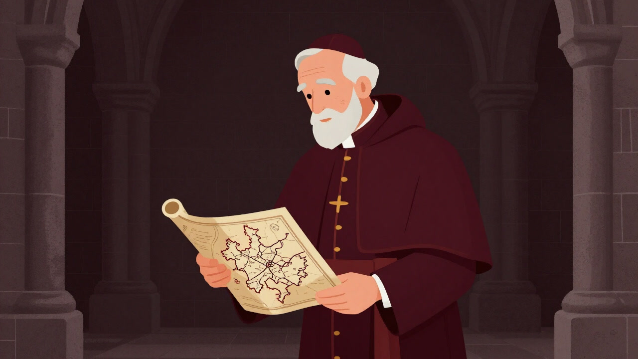 古びた教会の内部で、司教が巨大な地図を広げ、教区の境界を見下ろす絵