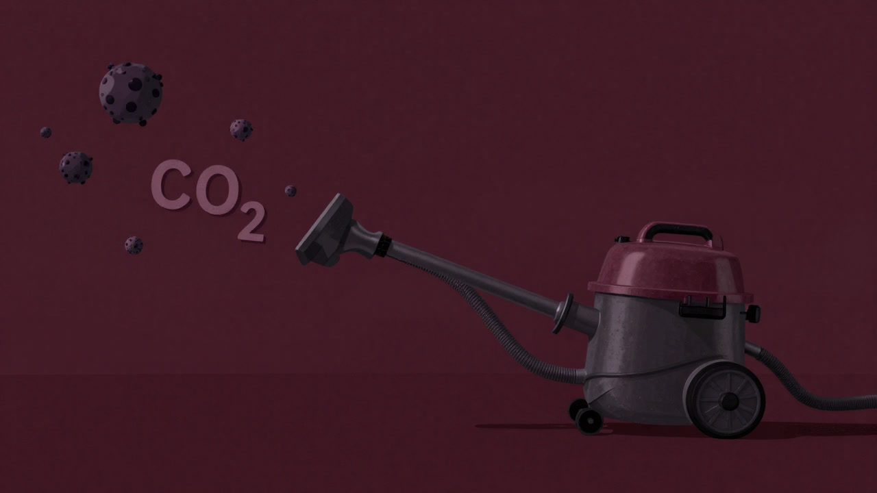 大気中のCO2を本気で掃除しようとする巨大な掃除機のイラスト