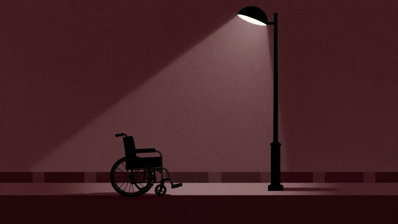 Silhouette of a wheelchair paused before an indifferent wall instead of a ramp.