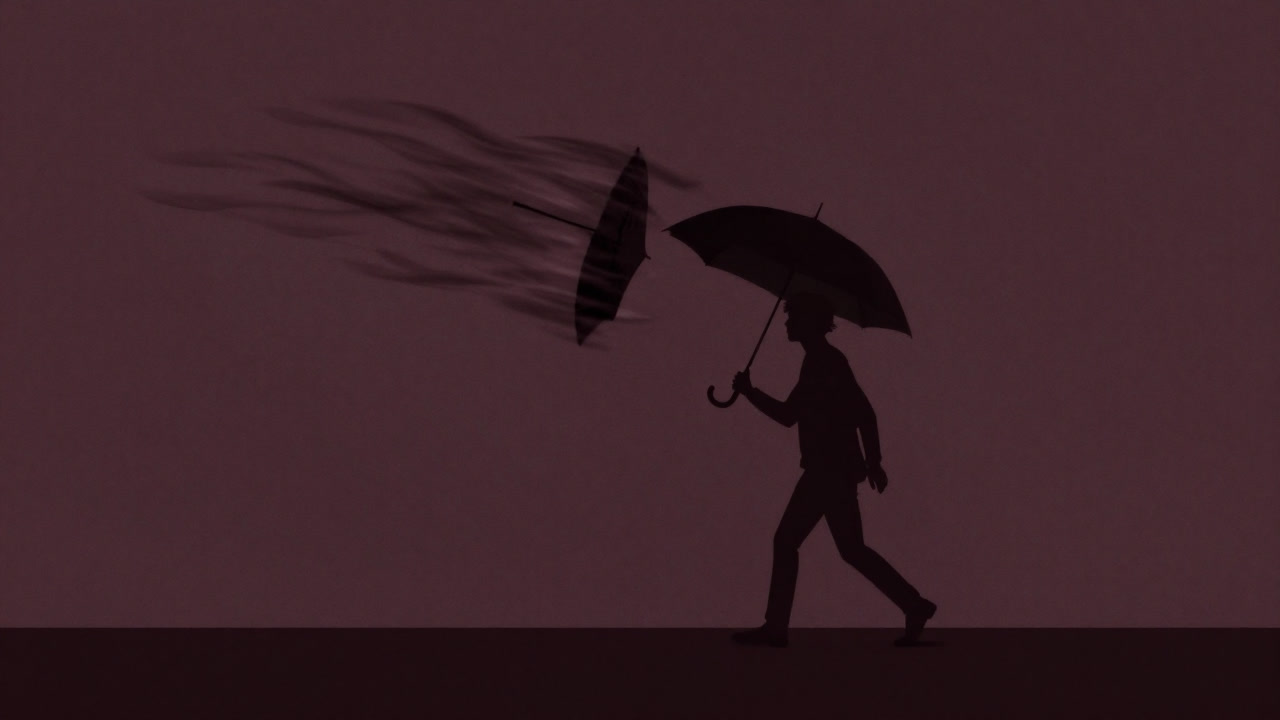 広げた期待の傘が逆風でひしゃげる様子を背景に、呆然と立ち尽くす人のシルエットの画像