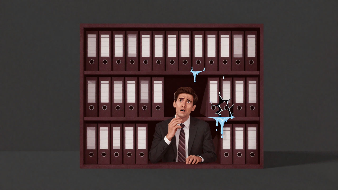 裂け目から水が浸入する資料棚の前で呆然と立ち尽くす社員たち