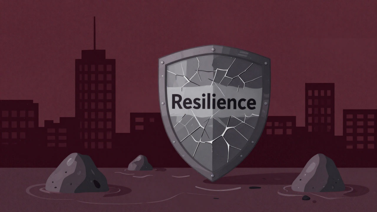 崩壊する都市を薄いシールドが覆う、災害レジリエンスを象徴した風刺的イラスト