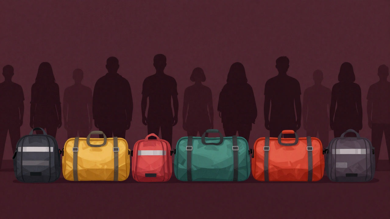 カラフルな避難バッグがずらりと並び、無表情で立ち尽くす市民のシルエット