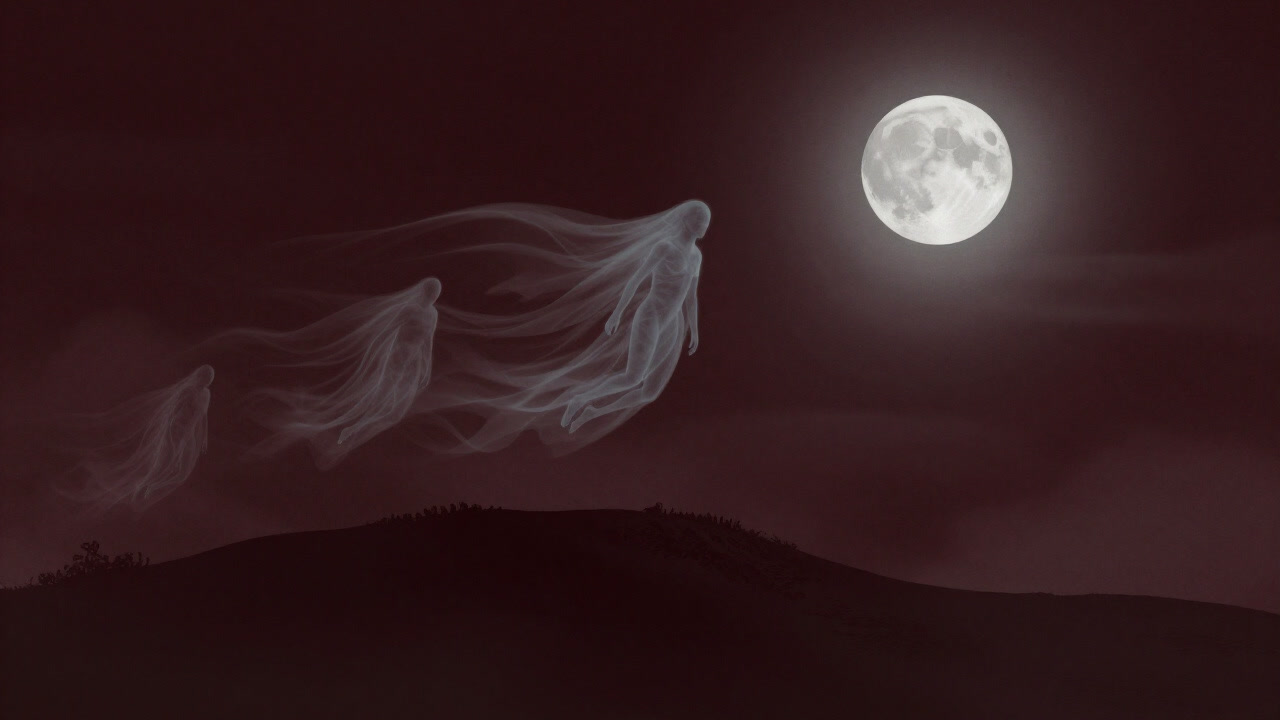 暗い丘の上で風に吹かれながら、幽かな光を漂わせる複数の半透明な人影のイラスト