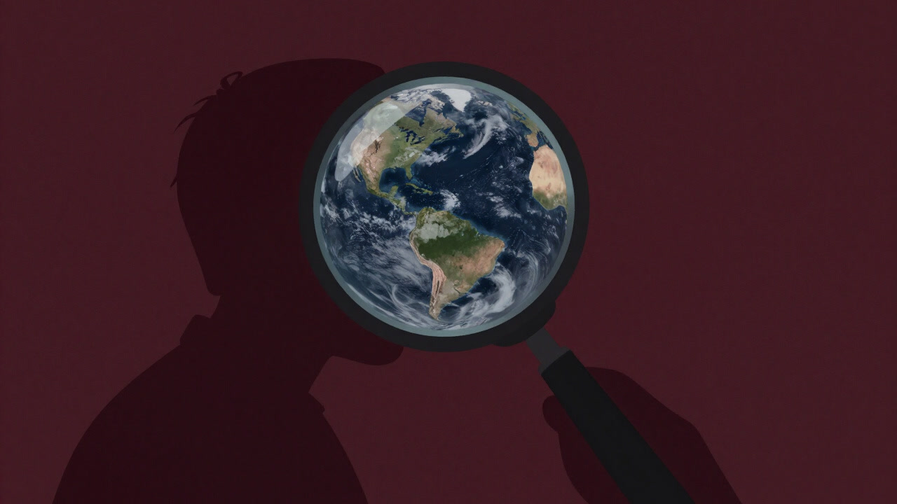 Silhouette of a person peering at the world through a magnifying glass, eyes blurred