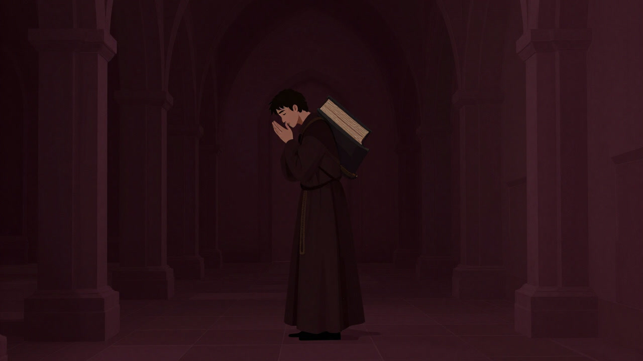 古ぼけた書物を背負い、疲れ切った顔で祈りの言葉を呟く弟子のシルエット