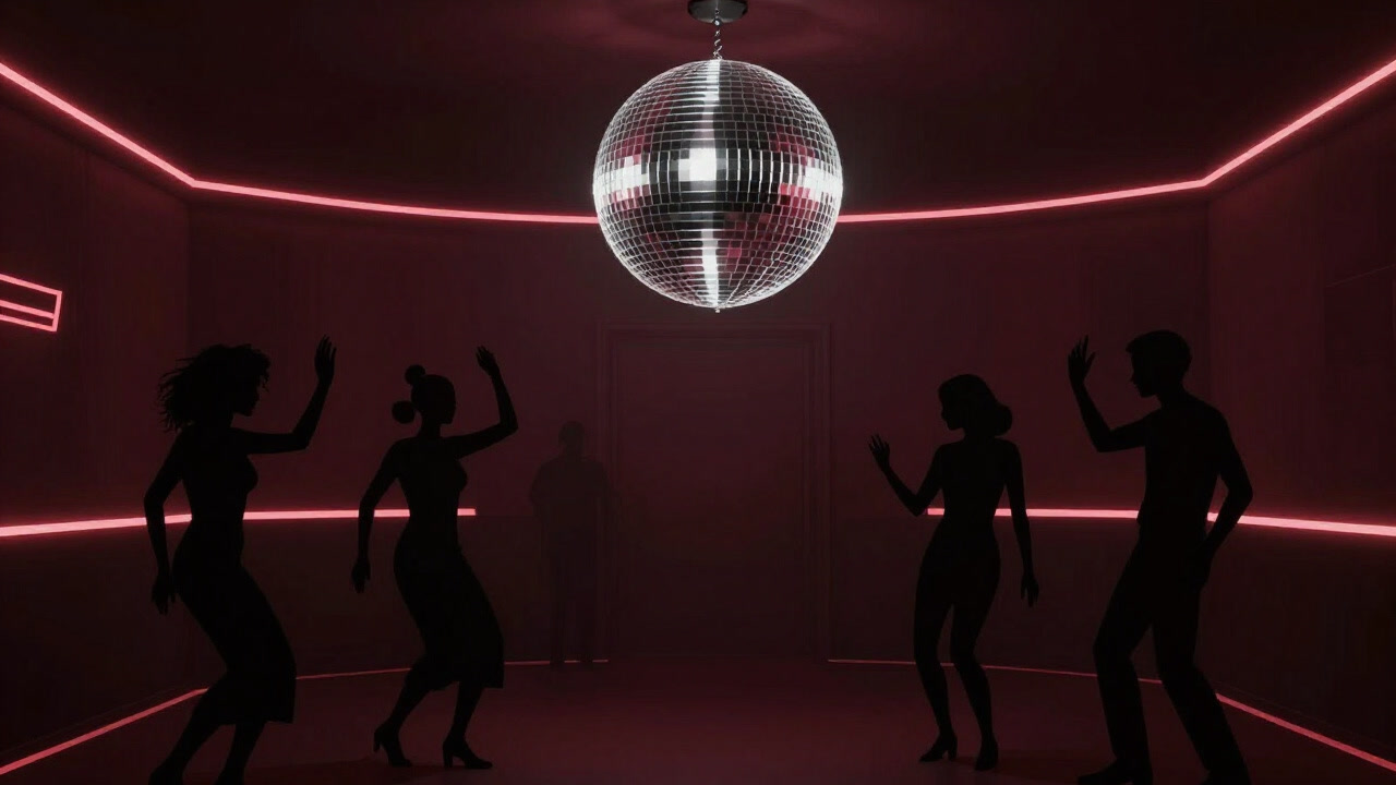 Silhouetted figures dancing under neon lights and mirrorball in a dark club interior
