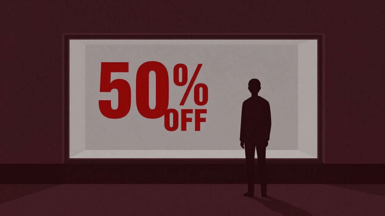 A blank-faced shopper silhouette staring at a red '50% off' sign in a shop window