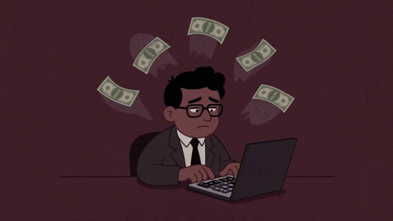 電卓のキーを無表情に叩き続ける会計士の後ろで、未来の札束が幽霊のように揺れるイラスト