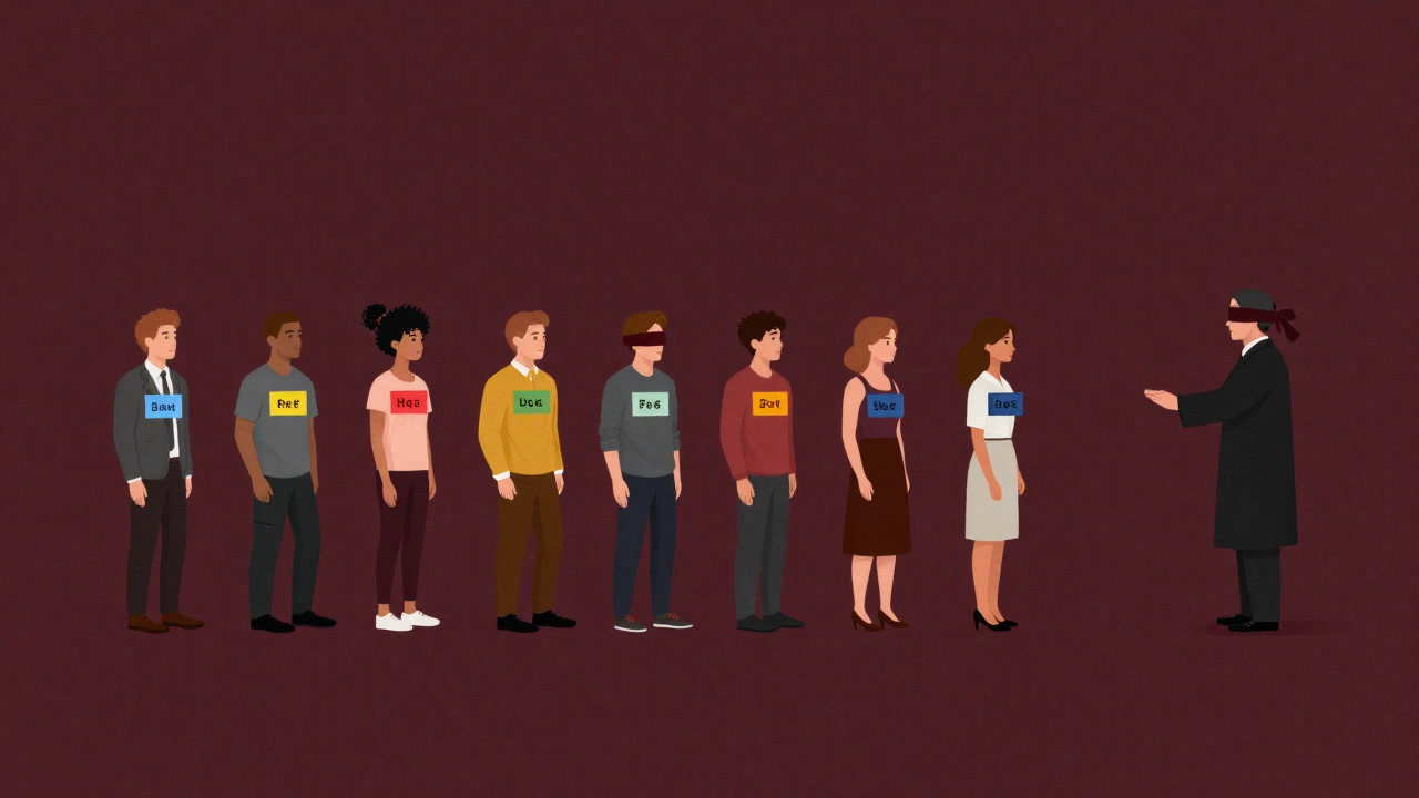 Illustration of a line of people wearing colorful nametags being randomly selected by a blindfolded judge