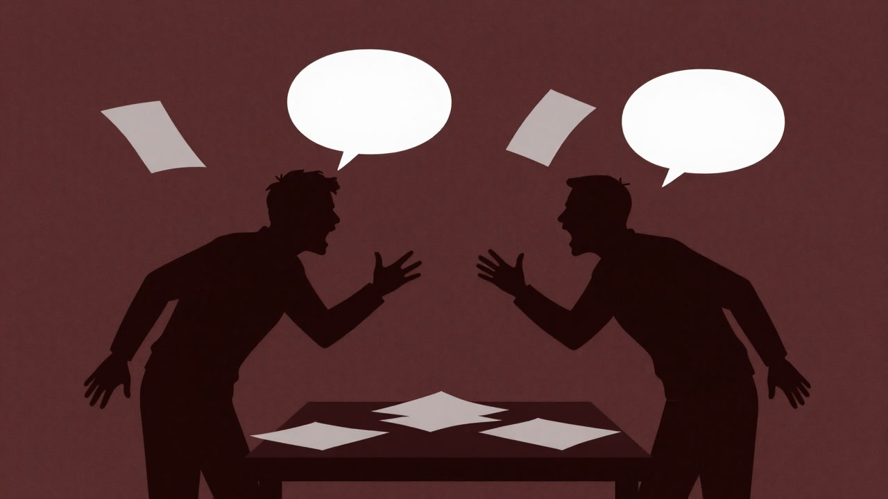 Silhouettes of two figures so engrossed in a debate they have forgotten the volume of their own voices