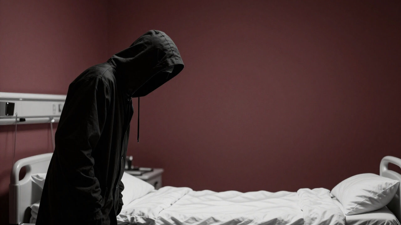 A black-and-white photo of a grim reaper shadow in a lab coat peering into a hospital room doorway.