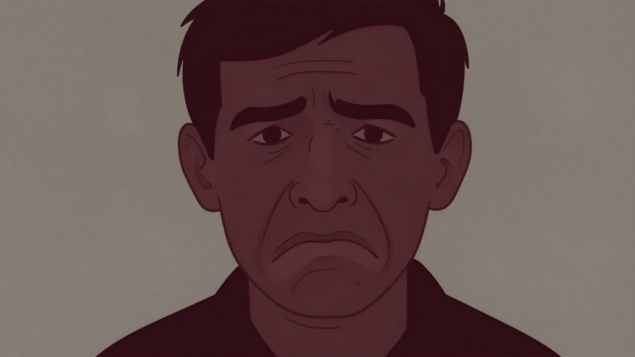 眉間にしわを寄せ、鼻をつまむ仕草をする人物のイラスト