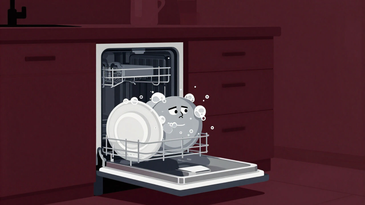 Illustration of a dishwasher buried in bubbles with a fatigued expression