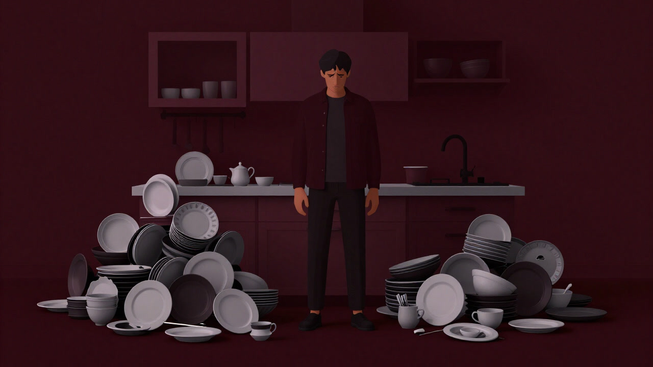 Illustration of a person slumped over, surrounded by a mountain of dishes