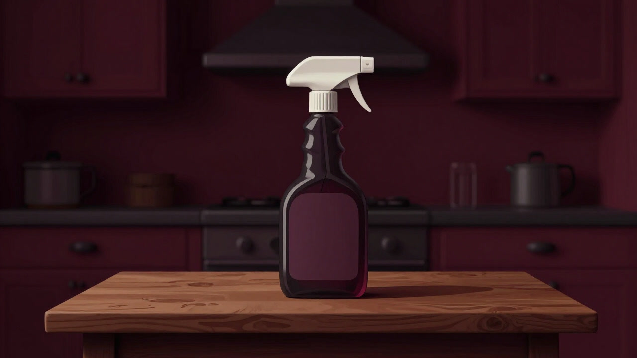 薄暗いキッチンで、古びたテーブルに向かって勢いよくスプレーが吹きかけられる様子