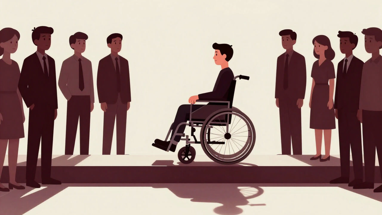 段差に躓き、周囲に無理解の視線を浴びる車椅子のシルエット