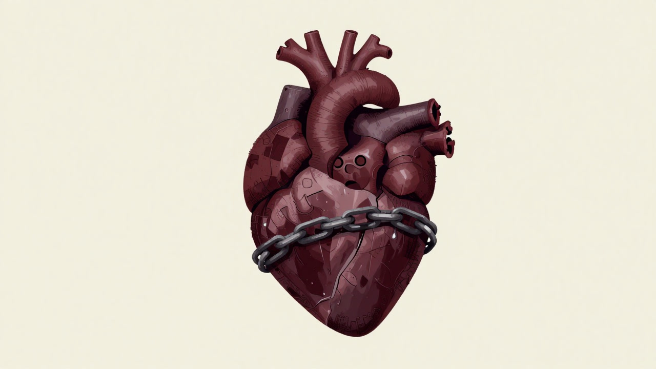 誰にも近づけず、ひっそりと影を背負った心の迷路を表現した、錆びた鎖につながれたハートのイラスト