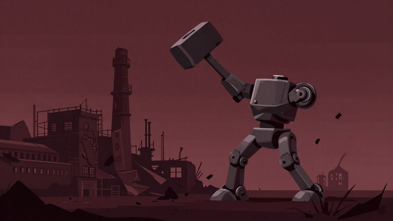 Illustration of a giant robot wielding a hammer, smashing a factory