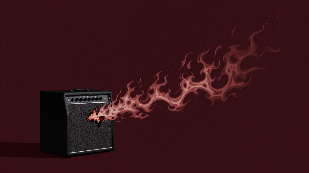Illustration of distorted waveforms erupting like flames from a guitar amp, tearing the air