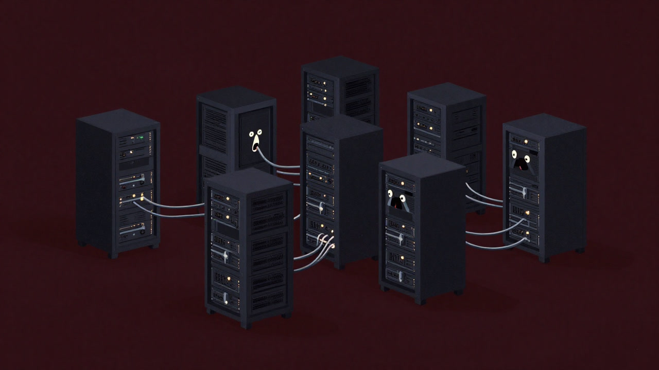 Illustration of nodes trapped in a maze of code and cables in a dark data center, screaming in panic
