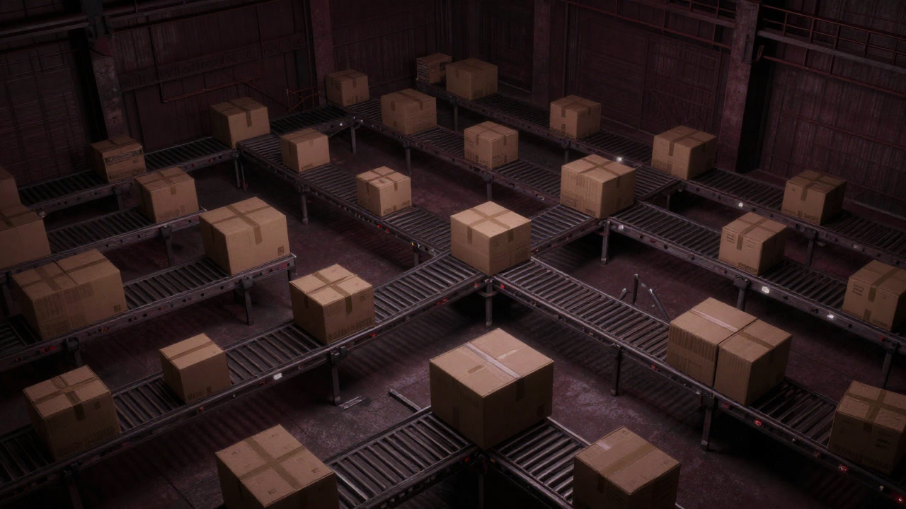 A bird's-eye view of a dark warehouse with countless cardboard boxes and intersecting conveyor belts.