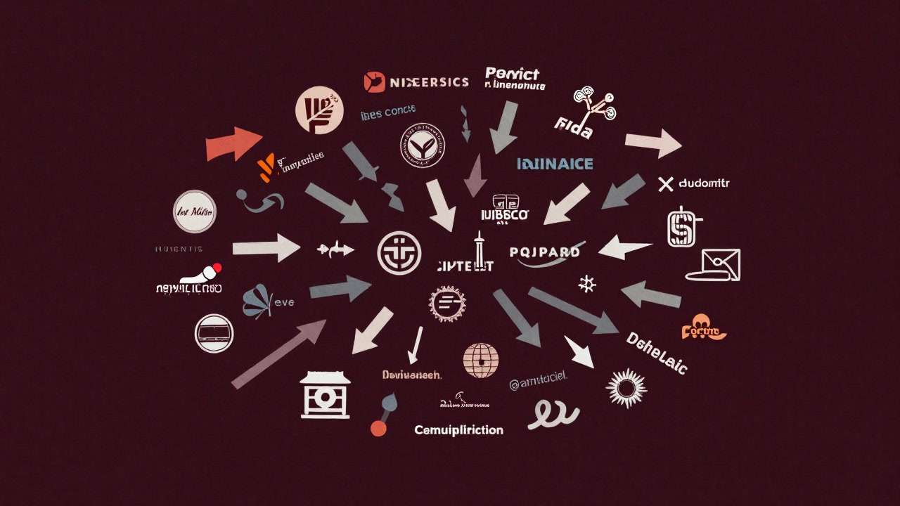 Image of a screen filled with colorful business logos tangled together under aimless arrows