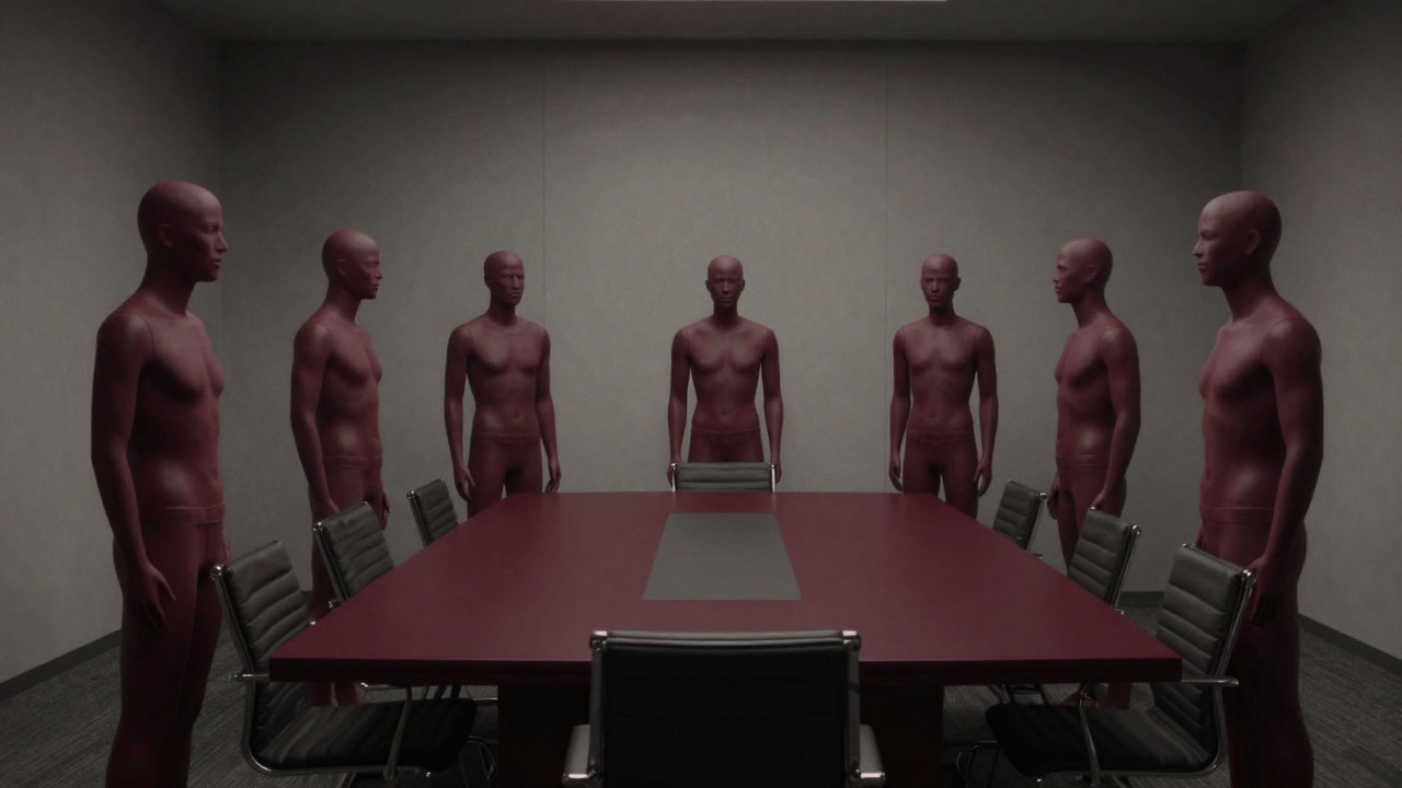 会議室で全員が同じポーズをとるが、異なる色に塗られた人形の画像