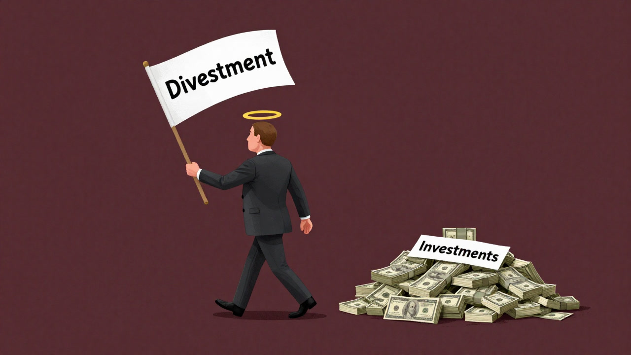 Satirical illustration of a corporate executive wearing a halo, waving a white flag labeled 'Divestment' while walking away from a pile of money.