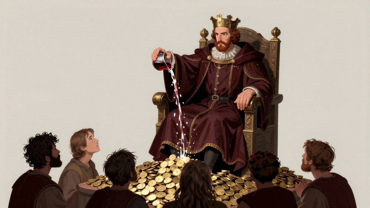 Illustration of a court noble sitting on a throne of golden coins, pouring dividends over numerous shareholders.