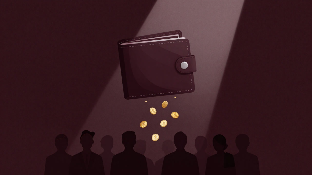 Silhouettes of shareholders looking up at a drizzle of tiny coins spilling from a corporate wallet