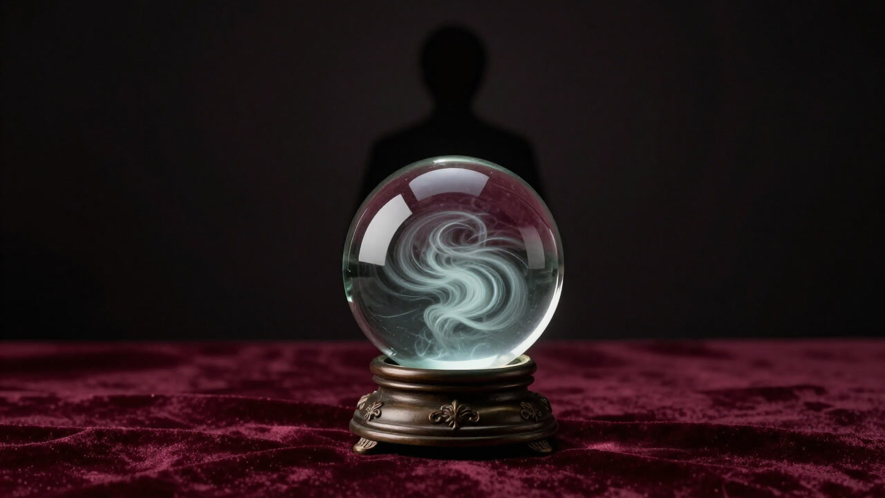 A crystal ball placed on a table in a dim room with a blurred silhouette of a fortune teller in the background
