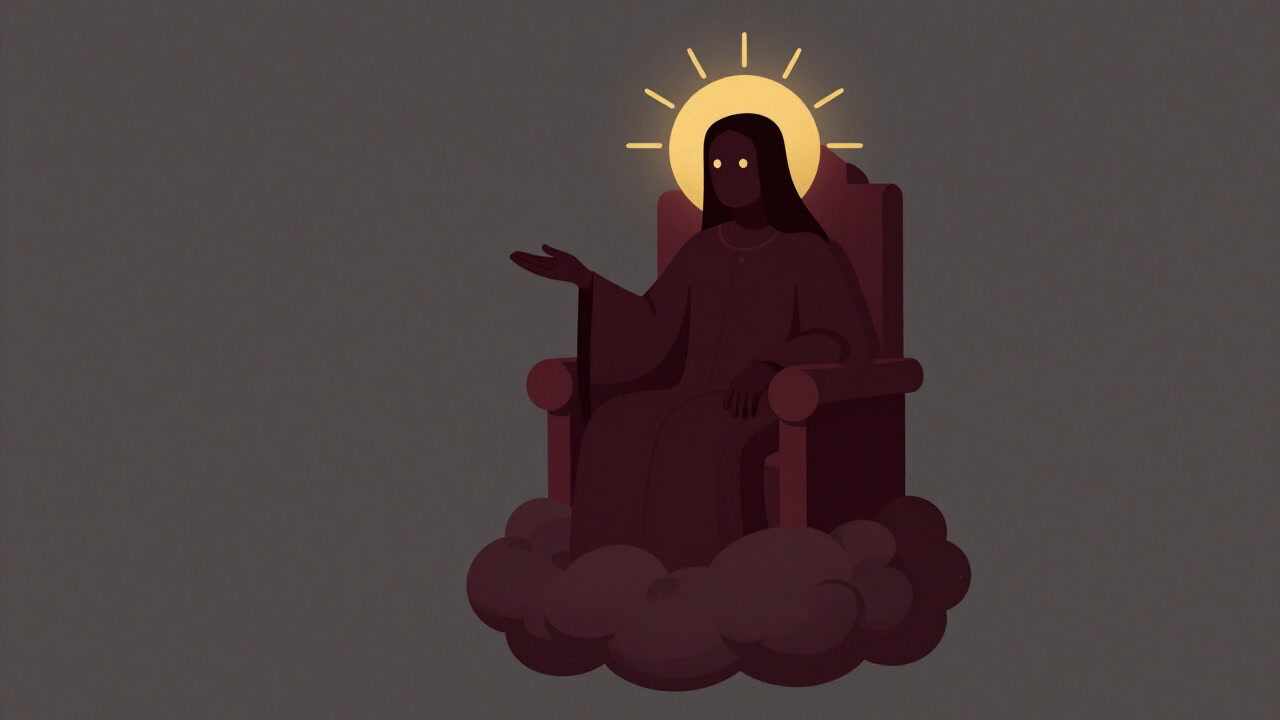 An anthropomorphic representation of divinity with a golden halo giving orders from atop clouds