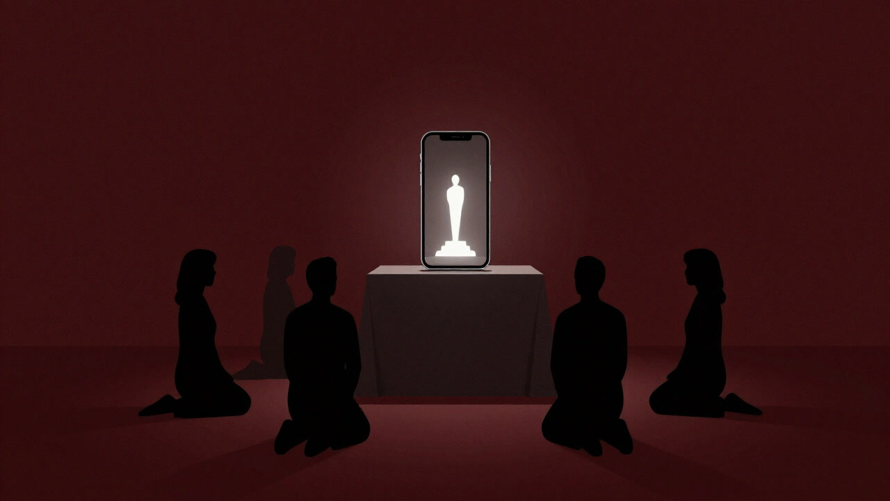Silhouette of people worshipping a smartphone sparkling on an altar.
