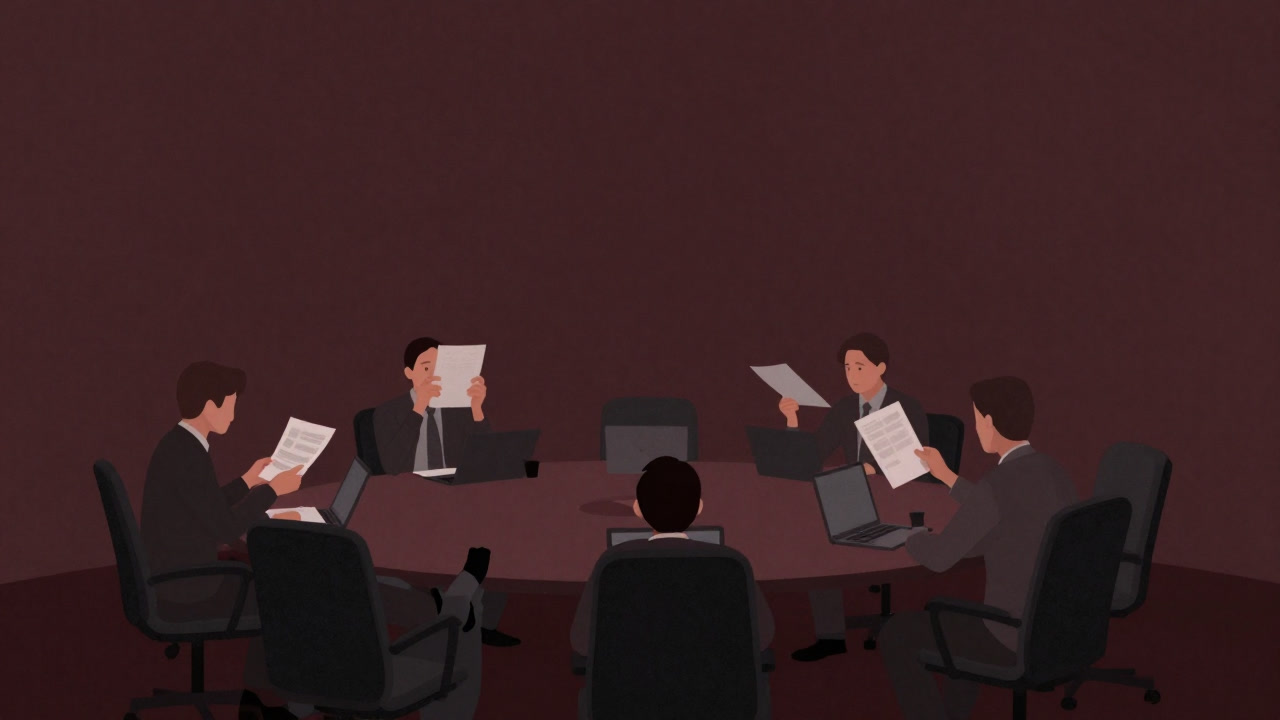 暗い会議室で数名が資料を整理しながら忙しく働く一方、マネージャーだけが背もたれに寄りかかるシーン