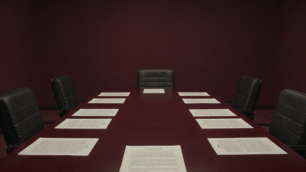Silhouettes of two people staring into the distance across a table covered in documents in a lonely conference room.