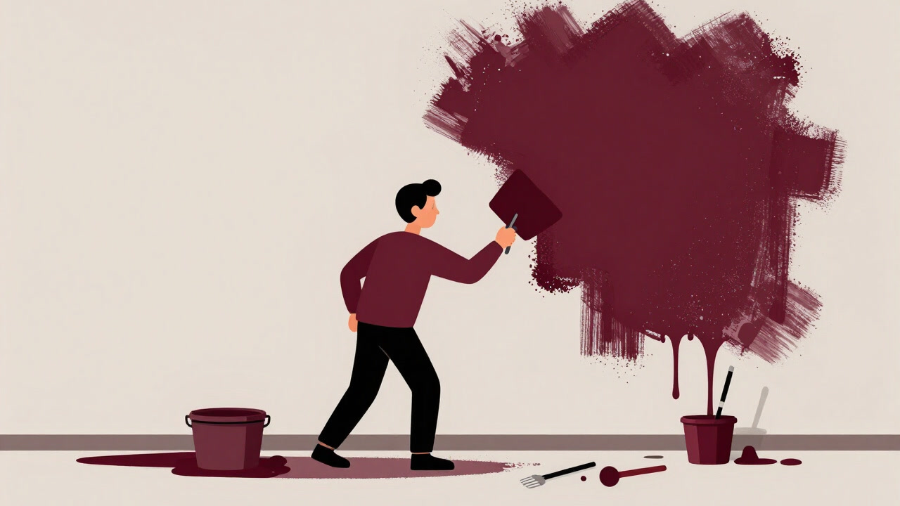 壁にぶつかりながらも笑顔でペンキを塗る人物のシルエット