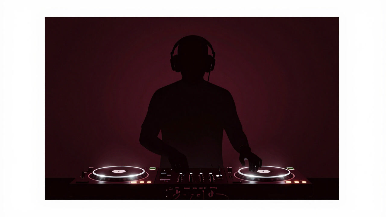 クラブの暗闇でターンテーブルに手を乗せ、妖しい光に照らされるDJのシルエット