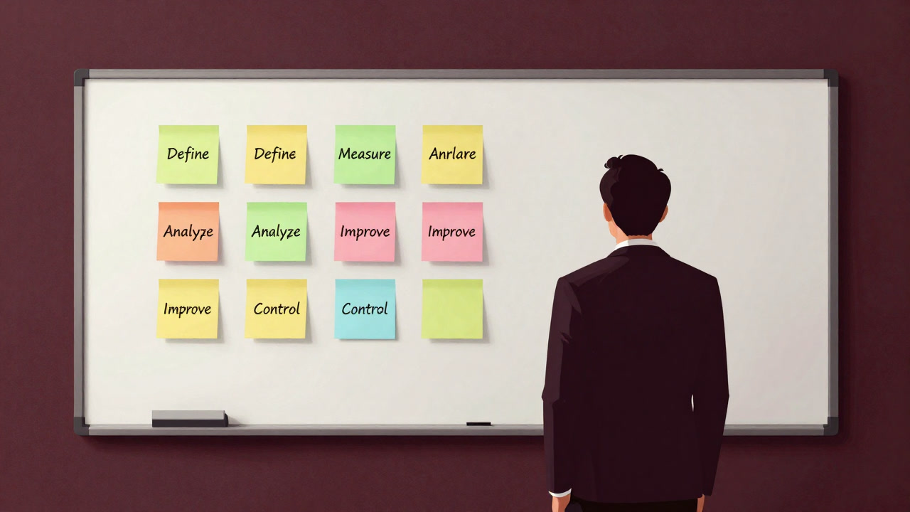 カラフルな付箋がびっしり貼られたホワイトボードの前で呆然と立ち尽くす人物とDMAICの文字