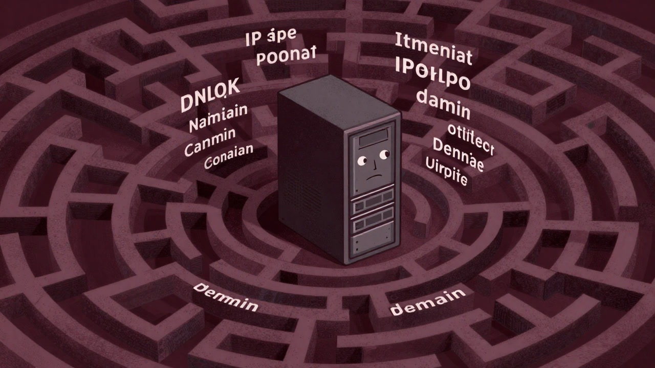 無数のドメイン名とIPアドレスが渦巻く迷宮の中で、中心に座るDNSサーバーのイラスト