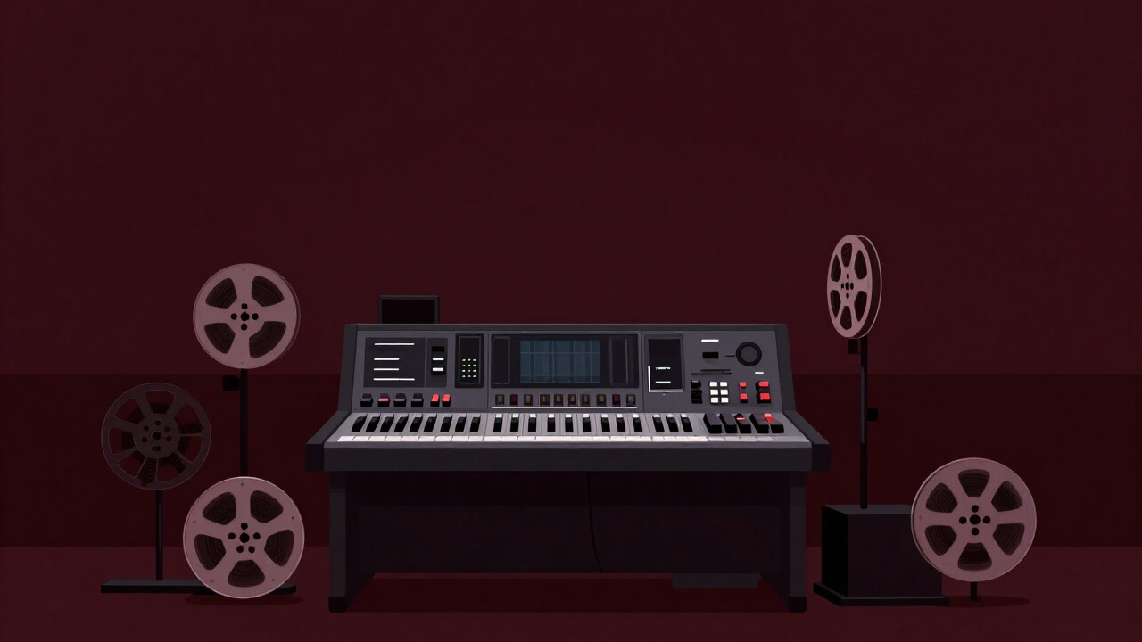 古いフィルムリールと編集機がほこりを被って積まれた暗い編集室の画像